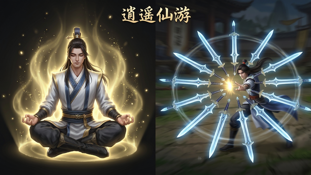 仙侠游戏界面概念图,画面左侧为一名盘膝打坐的修行者,周身环绕淡金色灵气光晕,右侧为战斗场景中角色释放剑阵技能的动态瞬间,布局上左右分栏对比呈现,风格为游戏UI概念设计,细节上灵气光晕有粒子效果、剑阵由多把光剑组成环形,画质清晰锐利,画面中打上“逍遥仙游”四个小字位于顶部居中位置,干净无杂乱元素