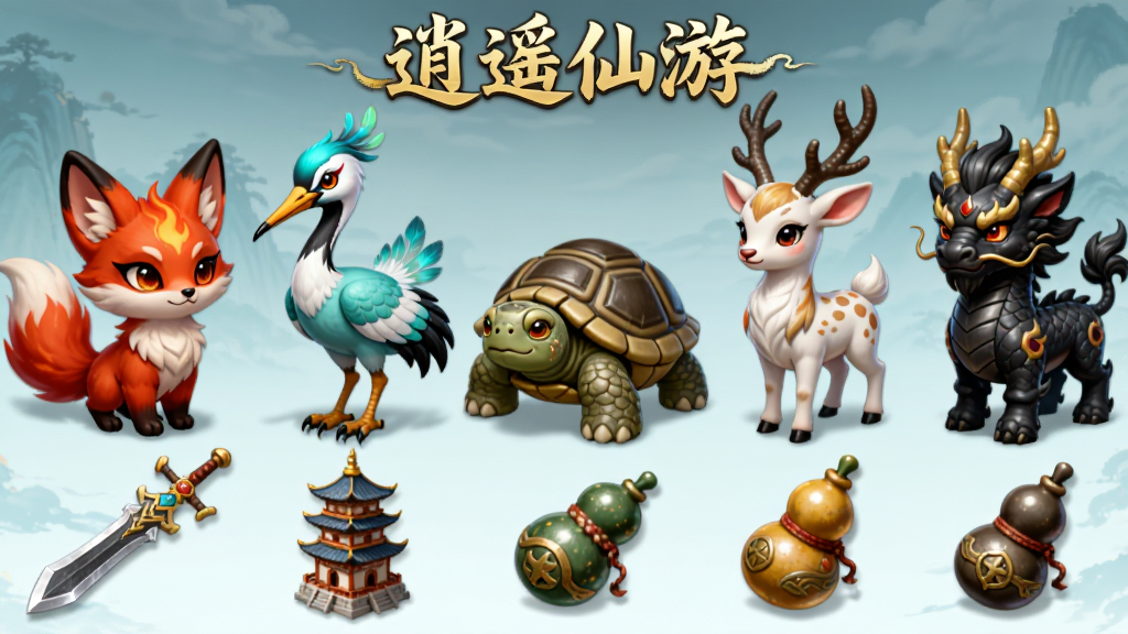 仙侠题材的灵宠与法宝展示图,画面中排列着五只形态各异的灵宠,包括一只火红色小狐、一只青羽仙鹤、一只玄龟、一只白鹿和一只墨色麒麟,灵宠下方分别对应摆放着飞剑、宝塔、葫芦三件法宝,布局为横向等距排列,风格为Q版与写实之间的游戏图鉴风格,细节上灵宠毛发与法宝纹路清晰,画质干净明亮,画面顶部用金色字体写着“逍遥仙游”