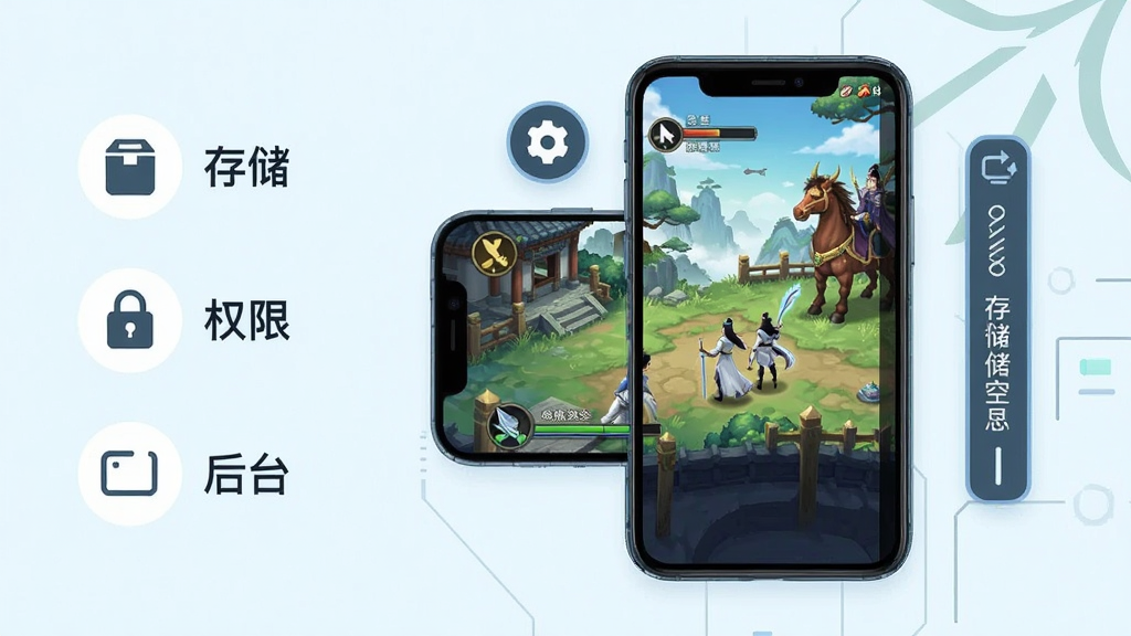 手机游戏运行界面示意图,画面展示一部智能手机屏幕中运行着仙侠风格游戏画面,屏幕旁边有悬浮的设置图标与存储空间提示条,布局上手机位于画面中央偏右,左侧用简洁图标标注“存储”“权限”“后台”三个提示项,风格为扁平化科技插画,细节上手机边框、屏幕内游戏场景、图标线条均清晰干净,画质明亮,画面中不出现文字