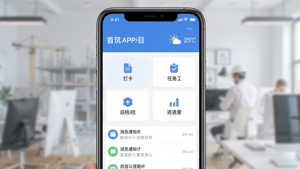 首筑APP主界面展示,手机屏幕中呈现智慧工地管理看板,上方为项目名称与天气信息,中部为打卡、任务、巡检、进度四个功能卡片,下方为消息通知列表,整体采用蓝白配色,扁平化UI风格,画面干净整洁,无多余装饰元素,高清画质