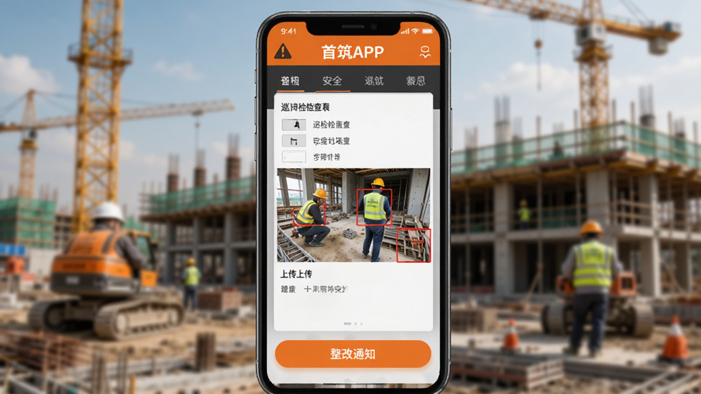 首筑APP安全巡检功能展示,手机屏幕中显示巡检检查表与现场照片上传区域,照片带有红色标注框,下方为整改通知按钮,背景为工地实景虚化处理,界面采用橙色与深灰搭配,突出安全警示感,布局规整,画质细腻