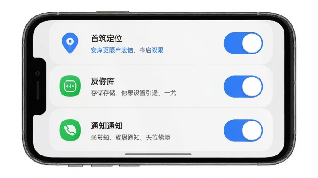 首筑APP安装设置引导页面,手机屏幕显示权限开启列表,包括定位、存储、通知三项开关,每项配有图标与说明文字,界面采用浅灰底色与蓝色开关按钮,布局简洁明了,画质清晰干净无杂乱