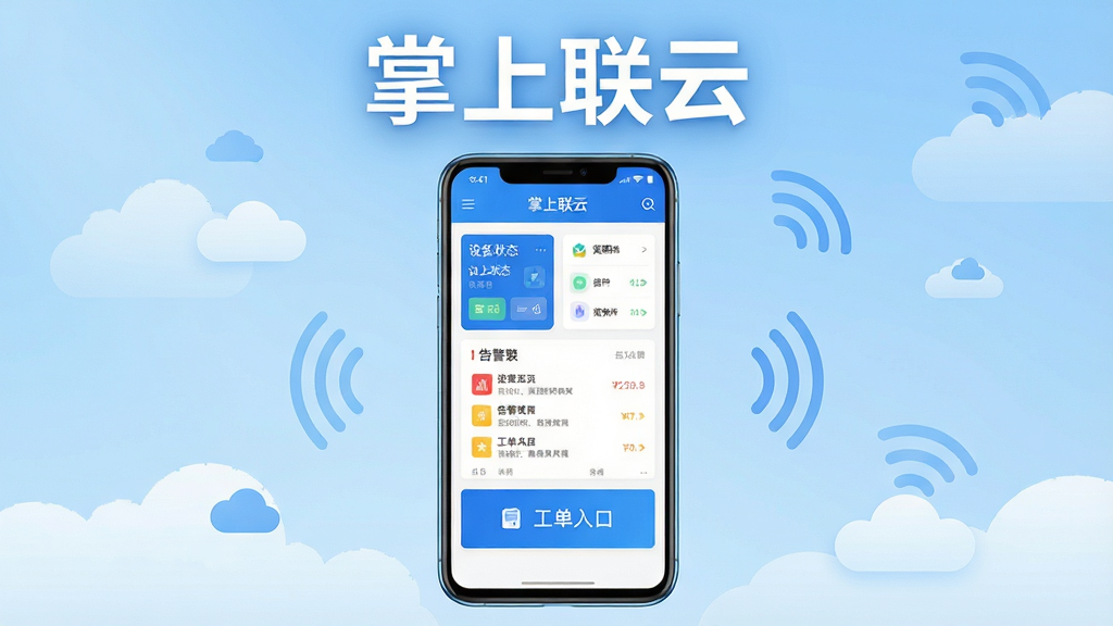 画面主体为一部竖屏安卓手机,手机屏幕中央显示“掌上联云”软件首页界面,界面包含设备状态卡片、告警列表与工单入口三个模块;布局采用居中构图,手机置于浅蓝色渐变背景中央,四周点缀简洁的云朵与信号波纹图形;排版上软件名称“掌上联云”以白色粗体字置于画面上方;风格为清爽科技扁平风,配色以蓝白为主;细节上手机边框带有轻微高光,界面图标线条简洁;画质清晰,干净,无多余元素