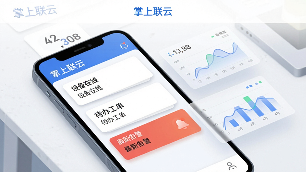 画面主体为一部手机斜放在桌面上,屏幕显示“掌上联云”的运维面板,面板上有三张信息卡片分别标注设备在线、待办工单、最新告警;布局为手机居中偏左,右侧悬浮几个半透明数据图表;排版上画面顶部留白,软件名称“掌上联云”以蓝色小字置于手机屏幕上方;风格为现代商务扁平插画风;细节上卡片带有轻微阴影,数据用简洁数字呈现;画质清晰,干净,无多余元素