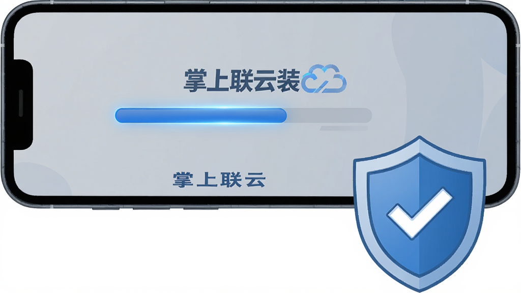 画面主体为一部手机屏幕显示“掌上联云”安装进度条界面,手机旁边放置一个带勾选标记的盾牌图标;布局为手机居中,盾牌位于右下方;排版上画面下方留白,软件名称“掌上联云”以深蓝色小字置于手机屏幕底部;风格为简洁安全提示插画风,配色以蓝灰为主;细节上进度条带有细微光效,盾牌线条干净;画质清晰,干净,无多余元素