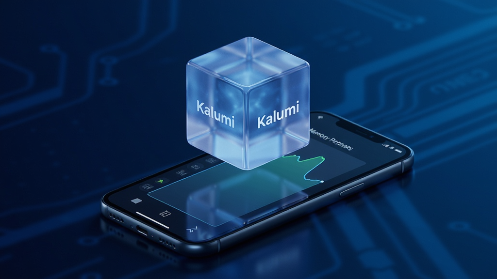 画面主体为一块半透明的能量方块悬浮在手机上方,方块内部有“Kalumi”字样,手机屏幕显示内存占用曲线平稳,背景为深蓝科技感渐变,风格简洁现代,细节干净,画质锐利,无多余装饰元素