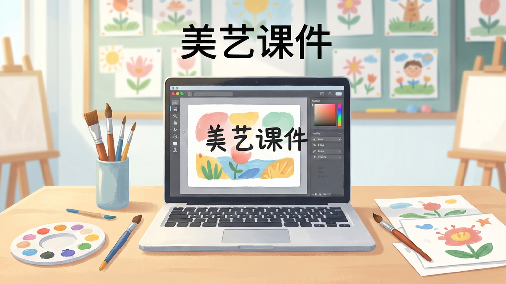 画面主体为一间明亮整洁的美术教室,中央放置一台打开的笔记本电脑,屏幕上显示着色彩丰富的美术课件界面,旁边散落着画笔、调色盘与几张范画稿纸,背景是贴满学生作品的展示墙。整体采用清新明亮的插画风格,构图居中稳定,色彩柔和协调,细节丰富,画质清晰干净,无多余装饰元素,画面中可自然出现“美艺课件”四个字作为屏幕标题。