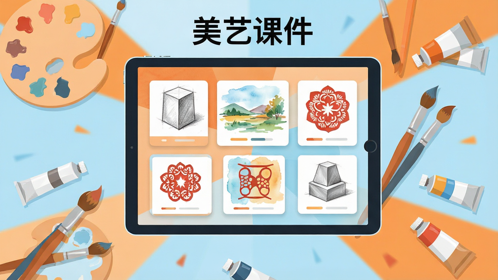 画面主体为一块悬浮的平板屏幕,屏幕内整齐排列着多张美术课件缩略图卡片,卡片上分别呈现素描几何体、水彩风景、剪纸图案等不同内容,屏幕周围环绕着调色盘、画笔与颜料管等美术元素。采用现代扁平化插画风格,布局为居中放射式排列,色调以暖橙与浅蓝搭配,细节精致,画质高清干净,屏幕顶部写有“美艺课件”字样。