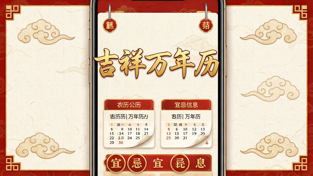 一幅中式风格的数字日历应用界面展示图,主体为红金配色的手机屏幕,屏幕中央显示