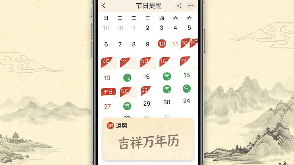 一张展示节日节气提醒界面的图片,画面主体为手机屏幕中的日历月视图,特定日期下方带有红色节日角标与绿色节气标记,屏幕下方为运势卡片,卡片上有