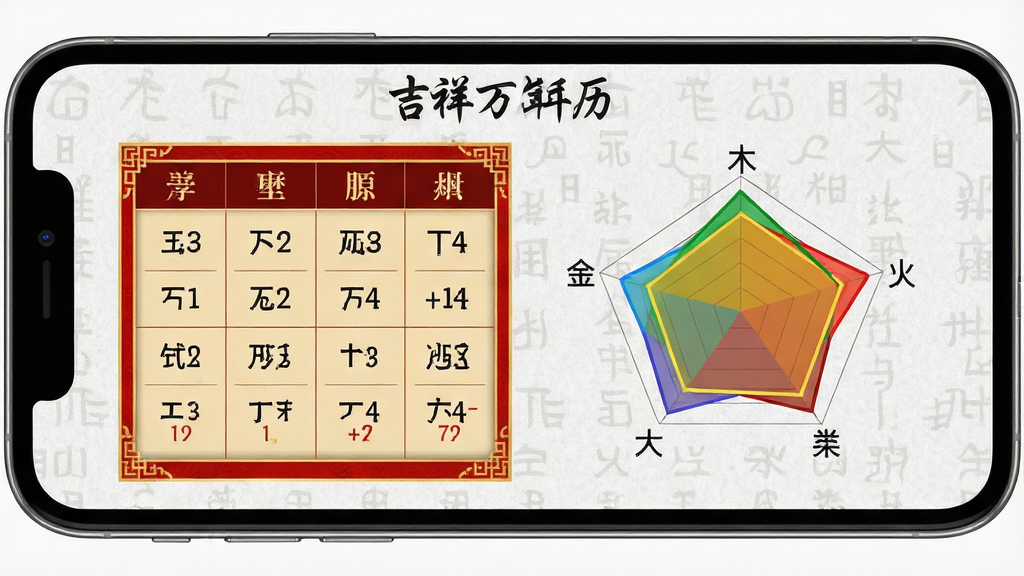 一幅展示八字排盘功能的界面图,主体为手机屏幕中的四柱八字表格与五行雷达图,表格采用红金配色边框,雷达图以五色区分金木水火土,背景为浅灰色纹理,屏幕上方显示