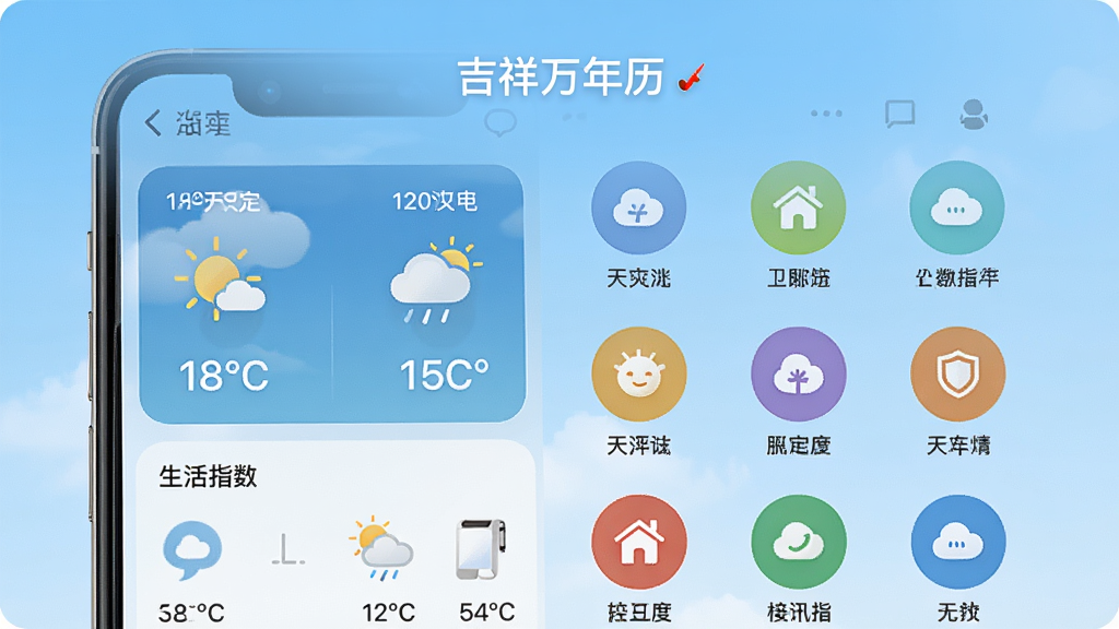 一幅展示天气与生活指数功能的界面图,主体为手机屏幕中的天气卡片与生活指数图标列表,天气卡片显示温度与天气图标,生活指数以圆形图标排列,屏幕顶部有