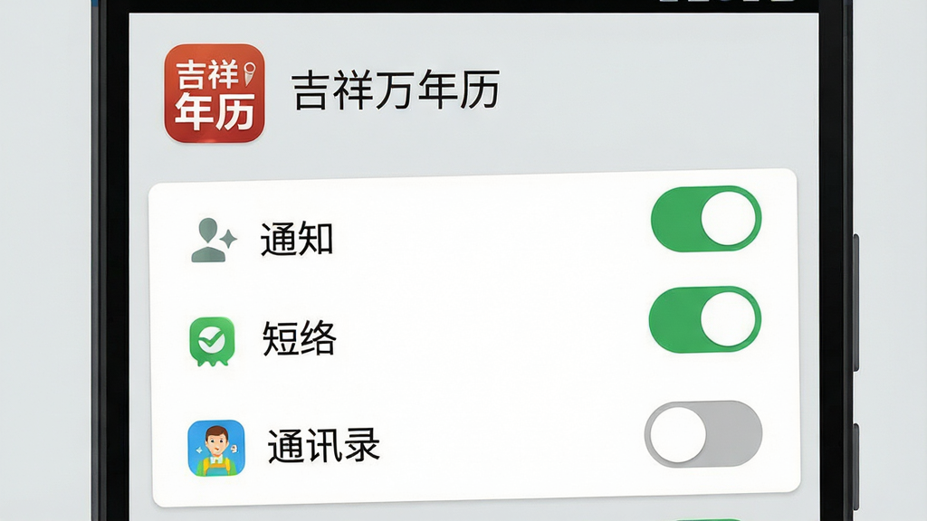 一幅展示安卓手机安装应用时权限设置界面的示意图,画面主体为手机屏幕特写,屏幕显示权限开关列表,其中通知与网络权限为开启状态,短信与通讯录权限为关闭状态,屏幕上方有