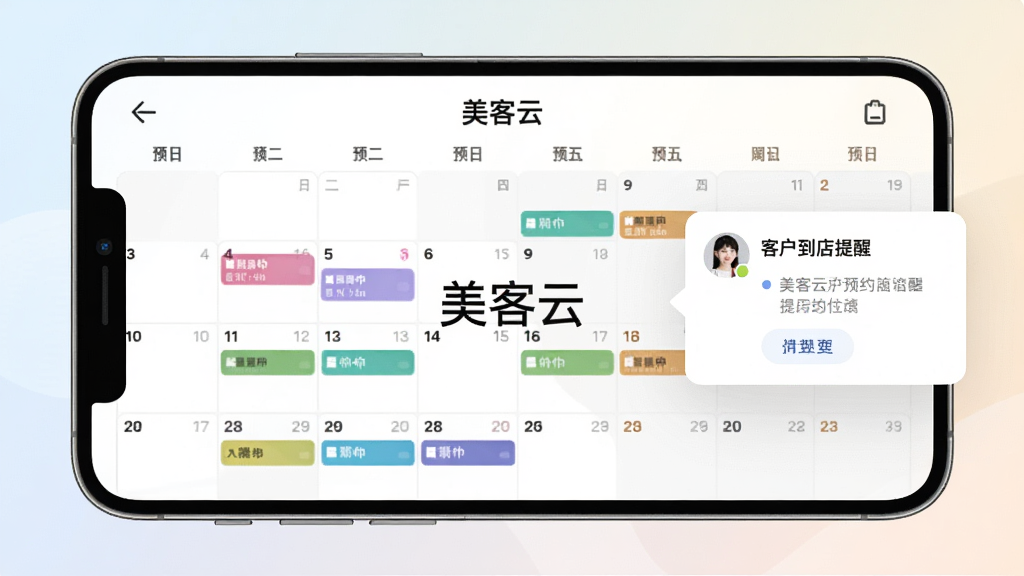 手机界面展示美客云预约日历页面,日历格子内标注不同颜色的预约色块,右侧弹出客户到店提醒卡片,背景为浅色渐变,界面风格清爽现代,画面中央有