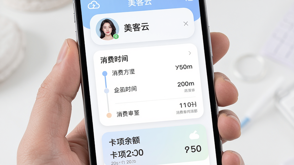 手机屏幕显示美客云会员档案详情页,顶部为会员头像与姓名,中部为消费时间线列表,底部为卡项余额卡片,界面采用圆角卡片设计,配色柔和,画面中有
