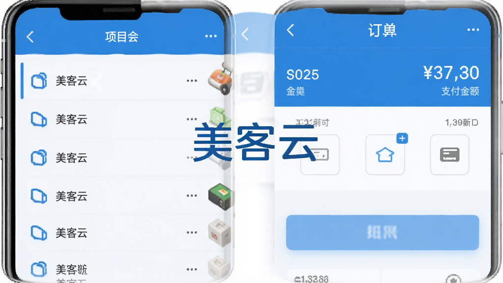 手机界面呈现美客云收银开单页面,左侧为项目列表,右侧为订单结算面板,面板中显示金额与支付方式图标,整体采用蓝白商务风格,画面中央有
