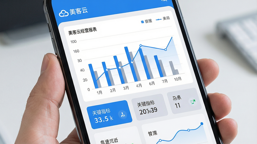 手机界面显示美客云经营报表页面,包含柱状图与折线图,图表下方为关键指标数字卡片,整体采用简洁数据可视化风格,配色以蓝色和浅灰为主,画面中有