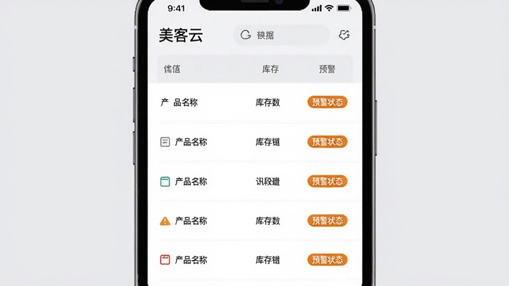 手机屏幕展示美客云库存管理界面,列表展示产品名称、库存数量与预警状态,部分条目带有橙色提醒标签,背景为浅灰色,界面风格素雅,画面中包含