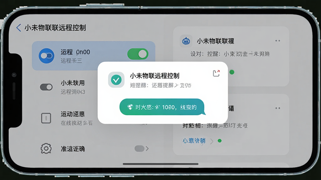 主体为手机屏幕显示小未物联远程控制界面与消息提醒弹窗,布局为手机侧放展示屏幕内容,排版左侧为设备列表右侧为提醒卡片,风格为现代扁平化UI展示风,细节包括远程开关按钮、在线状态标识与推送通知气泡,画质高清干净无多余元素