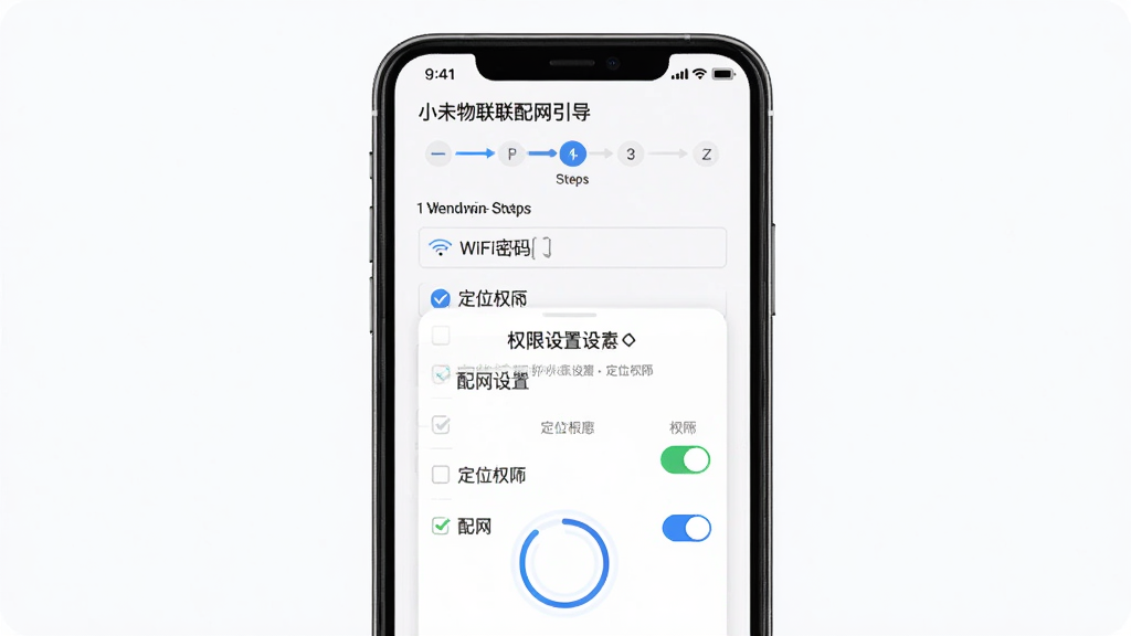 主体为手机屏幕显示小未物联配网引导页面与权限设置弹窗,布局为手机正面居中展示,排版上方为步骤指示条下方为权限勾选列表,风格为简洁教程示意风,细节包括WiFi密码输入框、定位权限开关与配网进度环,画质清晰干净无多余元素