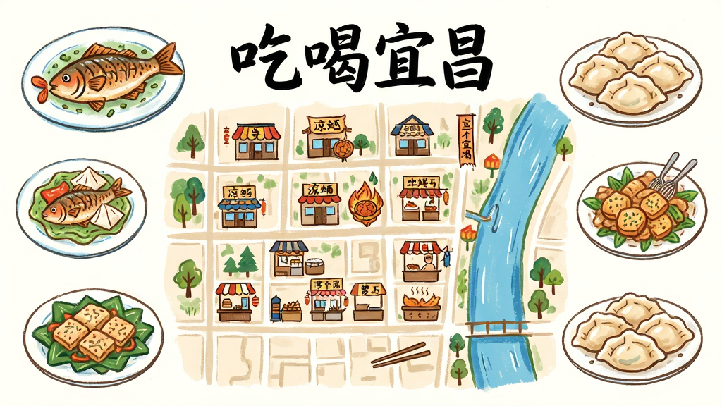 画面主体为一张手绘风格的美食地图,地图上标注“吃喝宜昌”字样,布局为俯视视角的城市街区与河流,街道两侧分布着各类餐厅图标和小吃摊图标。排版以地图为中心,四周点缀宜昌特色食物插画如烤鱼、凉虾、萝卜饺子。风格为清新插画风,细节丰富但画面干净,画质清晰,无多余装饰元素。
