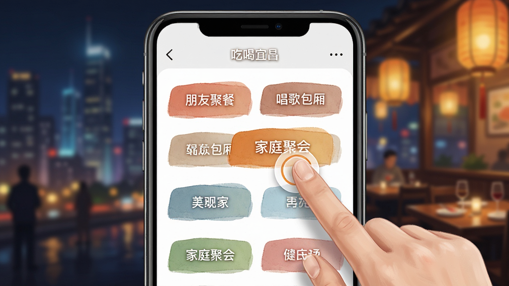 画面主体为“吃喝宜昌”应用中的场景筛选界面截图风格插画,布局为手机屏幕内展示多个场景标签按钮,如“朋友聚餐”“唱歌包厢”“家庭聚会”等,背景为模糊的城市夜景与餐厅灯光。风格为写实UI风格,细节包含手指点击标签的动作,画质高清,画面干净,无多余文字堆叠。