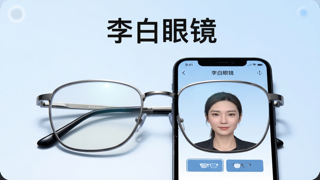 画面主体为一副现代简约风格眼镜与智能手机并排摆放,手机屏幕显示李白眼镜APP的虚拟试戴界面,布局为居中构图,上方留白放置