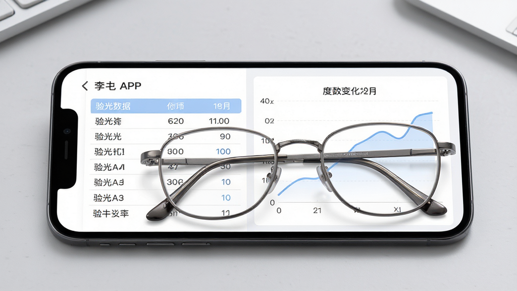 手机屏幕展示李白眼镜APP的配镜档案页面,左侧为验光数据表格,右侧为度数变化折线图,背景为浅灰色桌面,画面中央放置一副金属镜框作为点缀,风格为专业简洁的数据管理界面风,细节包括清晰的数据标签、柔和的蓝色折线、镜框金属质感,画质高清,画面干净无多余元素