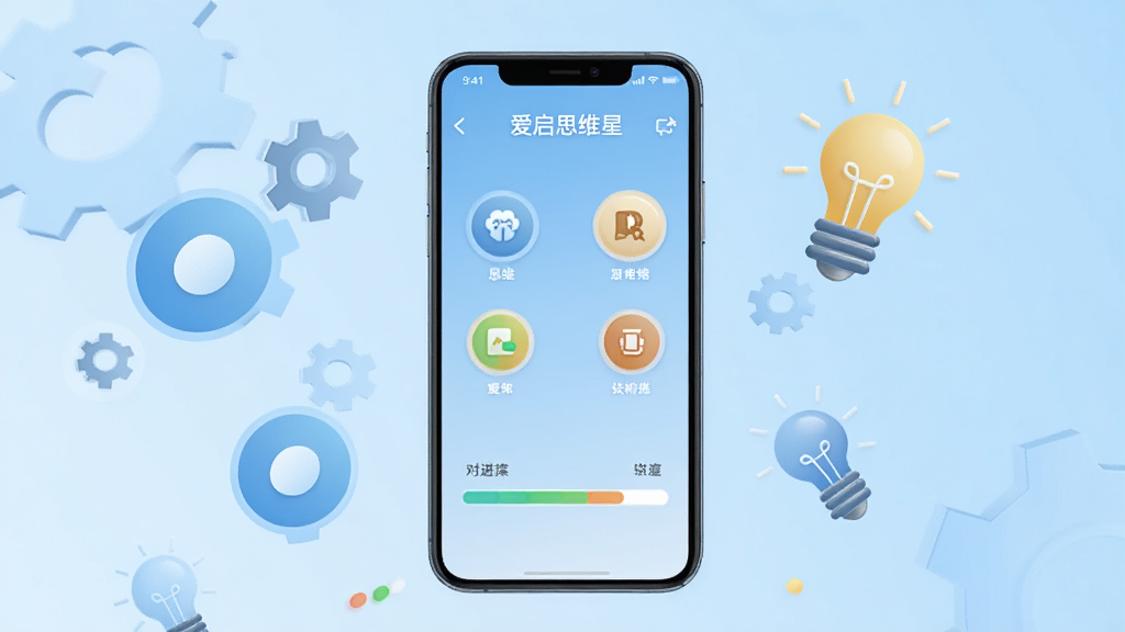 一张展示爱启思维星软件主界面的手机应用截图风格画面,画面中央是一部竖屏智能手机,屏幕内显示思维训练关卡选择界面,包含多个圆形图标按钮和进度条,背景为浅蓝色渐变,周围点缀抽象思维齿轮与灯泡元素,整体风格清爽现代,画质清晰干净,无多余元素