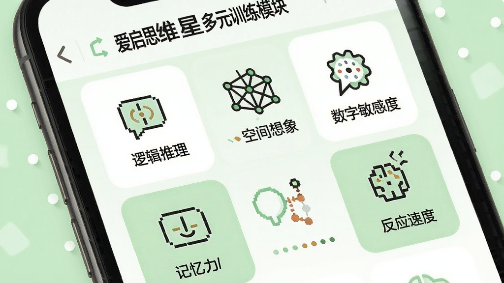 一张展示爱启思维星多元训练模块的界面示意图,画面为手机屏幕特写,屏幕内以网格形式排列逻辑推理、空间想象、数字敏感度、记忆力、反应速度等训练模块图标,每个图标配有简洁图形符号,背景为白色与浅绿色搭配,风格清新简洁,画质清晰,无多余装饰元素