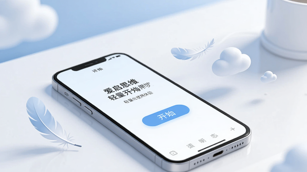 一张展示爱启思维星轻量化使用体验的示意图,画面为一部手机放置在桌面场景中,屏幕内显示简洁的训练开始界面,旁边有羽毛与云朵元素象征轻巧,背景为浅蓝白色调,风格柔和清爽,画质清晰,无多余元素