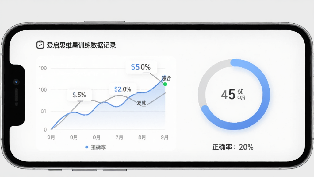 一张展示爱启思维星训练数据记录页面的示意图,画面为手机屏幕内显示折线图与环形进度图,图表旁标注正确率与完成进度等文字标签,背景为浅灰色,风格商务简洁,画质清晰,无多余装饰