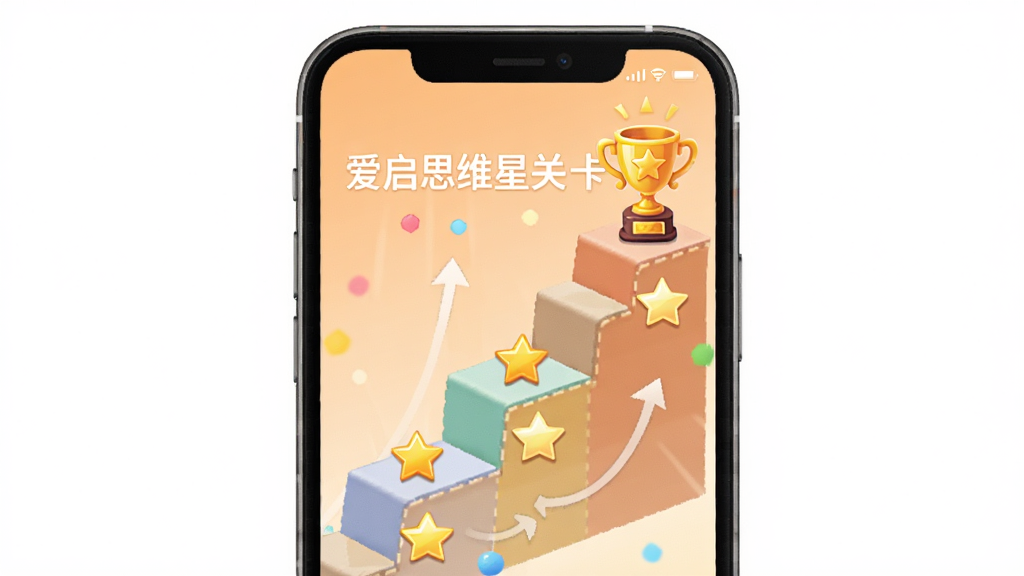 一张展示爱启思维星关卡递进路径的示意图,画面为手机屏幕内一条由下至上的阶梯式关卡路径,每级台阶上标注不同星级的难度标识,顶部有奖杯图标,背景为浅橙色渐变,风格活泼明快,画质清晰干净,无多余元素