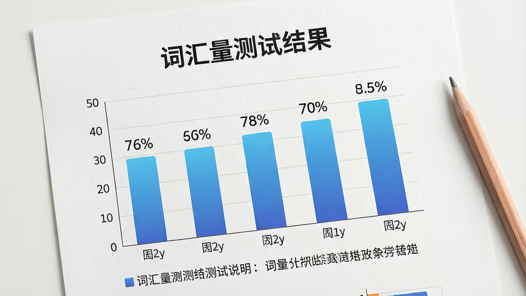 画面主体为一张词汇量测试报告图表,图表包含柱状图与百分比数字,布局为报告纸居中展示,排版上方为标题“词汇量测试结果”下方为柱状图与文字说明,风格为数据可视化信息图风,细节包含柱状图使用蓝色渐变填充、报告纸带有细微纸张纹理、旁边放置一支铅笔,画质高清,干净简洁,无多余装饰