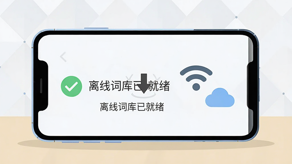 画面主体为一部手机显示离线下载完成的提示界面,界面写有“离线词库已就绪”字样与下载箭头图标,布局为手机横屏放置于桌面,排版左侧为手机右侧为WiFi信号图标与云朵图标,风格为科技扁平插画风,细节包含手机屏幕的绿色对勾标记、背景为浅色几何图案,画质清晰,干净无多余元素