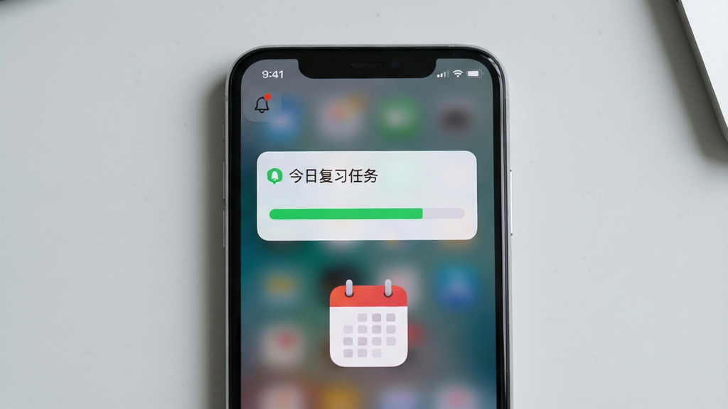画面主体为一部手机屏幕显示复习提醒通知弹窗,弹窗内写有“今日复习任务”字样与进度条,布局为手机竖屏居中放置,排版上方为通知弹窗下方为日历图标,风格为简洁UI界面展示风,细节包含通知栏的铃铛图标、进度条为绿色填充、背景为浅灰色桌面,画质清晰,干净无杂乱元素