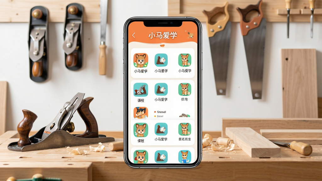 画面主体为一款手机屏幕,屏幕中展示小马爱学APP的课程列表界面,界面标题写有“小马爱学”字样,背景为明亮的木工工作室场景,摆放着刨子、锯子、木料等工具,布局为手机居中、工作室环境环绕四周,排版简洁清晰,风格为写实摄影风,细节包括木纹质感、工具金属光泽、屏幕UI图标清晰可见,画质高清、画面干净、无多余元素