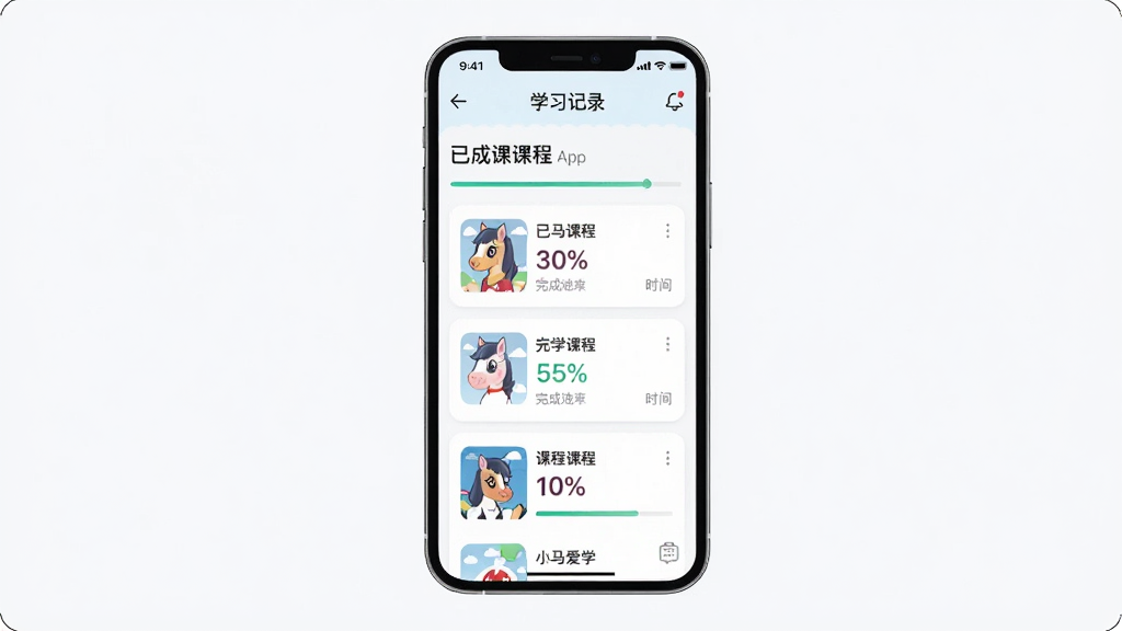 画面主体为小马爱学APP的学习记录页面,手机屏幕显示已学课程列表与进度条,布局为手机正面居中展示,排版以卡片式列表为主,风格为清爽浅色系移动应用界面,细节包括课程封面缩略图、完成百分比数字、时间标签,画质高清、画面干净、无多余元素
