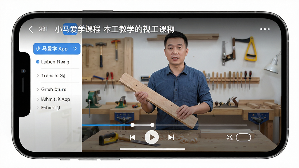 画面主体为一部手机横屏展示小马爱学APP的视频播放页面,屏幕中正在播放木工教学视频,画面里有讲解老师手持木料进行演示,布局为手机居中、播放进度条与控制按钮清晰,排版突出视频画面与课程标题,风格为现代教育类APP界面风格,细节包括课程章节列表、播放按钮、清晰度切换图标,画质高清、画面干净、无多余元素