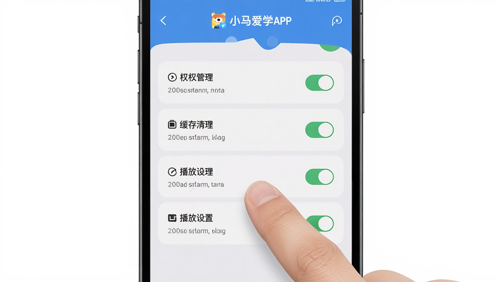 画面主体为一部手机显示小马爱学APP的设置页面,屏幕中有权限管理、缓存清理、播放设置等选项,布局为手机正面居中、手指正在点击屏幕,排版清晰展示设置列表,风格为扁平化移动界面风格,细节包括开关按钮、箭头图标、文字标签,画质高清、画面干净、无多余元素