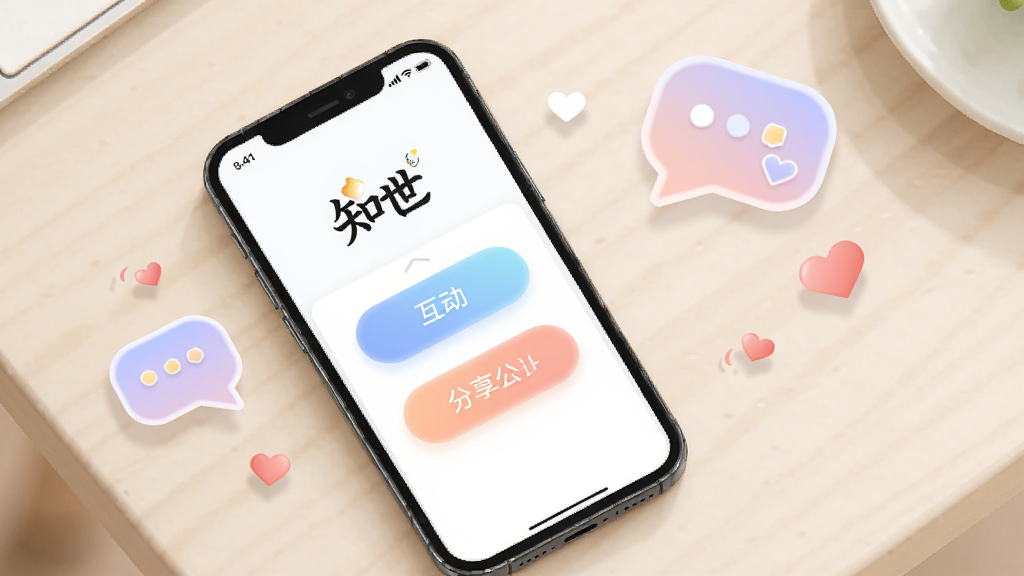 一部手机屏幕中展示“知世”应用的互动按钮与分享面板,画面采用俯视角度,手机放在浅色桌面上,旁边有几个抽象的对话气泡和小爱心图标作为装饰,风格活泼清爽,细节上按钮圆润、色彩柔和,画质干净清晰,无多余元素