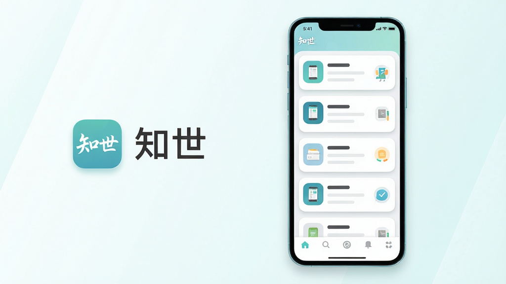 一款名为“知世”的安卓手机应用界面展示,主体是手机屏幕居中放置,屏幕内呈现简洁的卡片式内容列表与底部导航栏,布局上手机位于画面中央偏右,左侧留白处放置应用图标与“知世”文字标识,整体采用清新浅色风格,细节包括圆角卡片、柔和阴影、扁平化图标,画质清晰干净,无多余元素