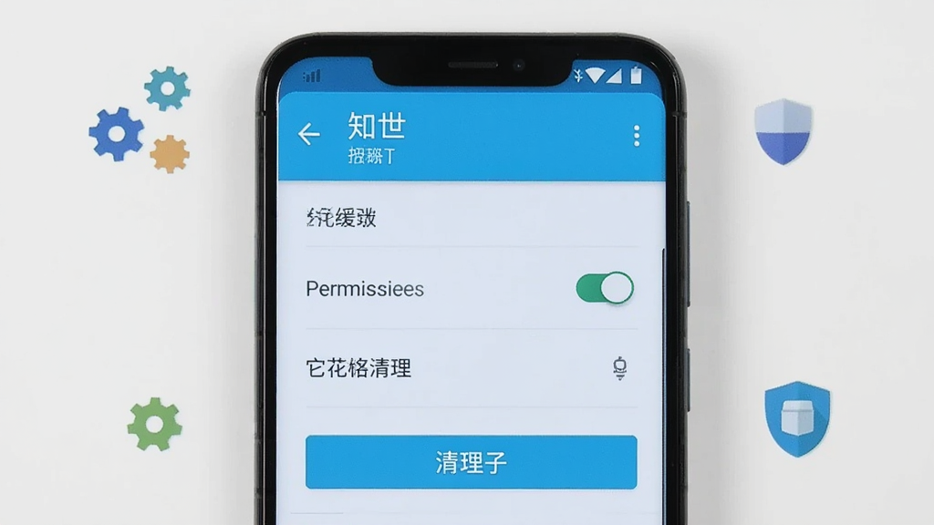 一部安卓手机屏幕显示“知世”应用的设置页面,页面上有权限开关与缓存清理选项,画面采用正面平视角度,手机置于浅色背景中央,周围有齿轮和盾牌的小图标作为装饰,风格简洁明快,细节上界面文字清晰、按钮规整,画质干净,无多余元素