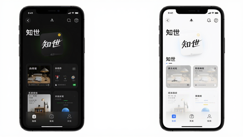 展示“知世”应用在深色模式与浅色模式下的界面对比,两部手机并排摆放,左侧为深色背景界面,右侧为浅色背景界面,布局对称居中,风格现代简洁,细节上界面元素清晰、对比分明,画质干净,无多余元素