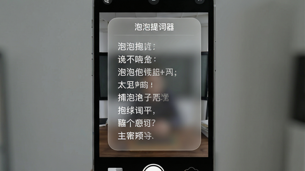 一部手机屏幕竖屏显示,屏幕上层叠加一个半透明的悬浮提词小窗口,窗口内是排列整齐的白色台词文字,下层隐约可见相机拍摄取景画面,主体为手机与悬浮窗,布局为竖版居中,风格为科技感UI展示风,细节包含悬浮窗圆角边框、半透明磨砂质感、文字清晰锐利,画质干净无多余元素,悬浮窗顶部以文字标注“泡泡提词器”