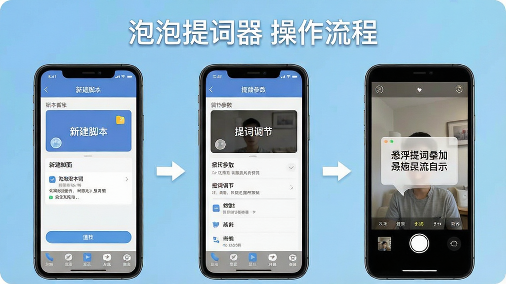 一张手机操作流程示意图,画面分为三个并列的手机屏幕,从左到右依次展示新建脚本界面、提词参数调节界面、悬浮提词叠加在相机上的界面,主体为三部手机屏幕,布局为横向排列,风格为扁平化UI流程展示风,细节包含界面元素简洁、箭头引导流程、配色清爽,画质干净无多余元素,画面顶部以文字标注“泡泡提词器 操作流程”
