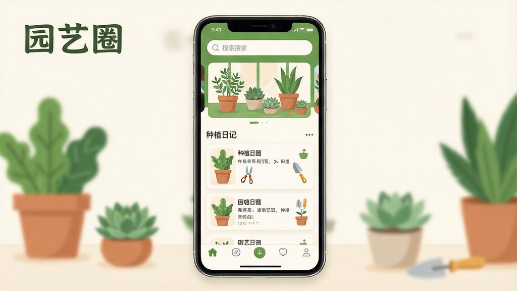 画面主体是一部智能手机竖屏展示园艺圈应用首页界面,布局为顶部搜索栏与轮播图、中部种植日记信息流卡片、底部导航栏,排版整齐居中;风格为清新自然扁平化UI插画,细节包含绿植盆栽、多肉、剪刀铲子等园艺小图标点缀,色调以草绿和暖白为主;画质清晰干净,无多余元素,图片中打文字“园艺圈”