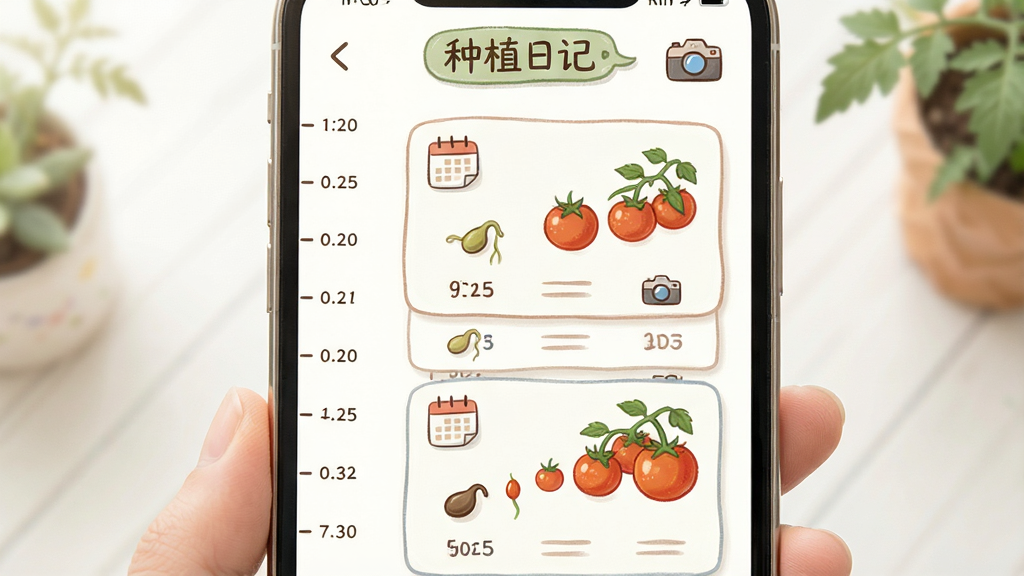 画面主体是一部手机屏幕展示园艺圈种植日记时间轴页面,布局为左侧日期刻度、右侧图文卡片依次排列,顶部有植物名称标签;排版纵向清晰;风格为柔和手绘风插画,细节包含小番茄从种子到结果的阶段插画、日历图标、相机图标;画质干净明亮,无多余元素,图片中打文字“种植日记”