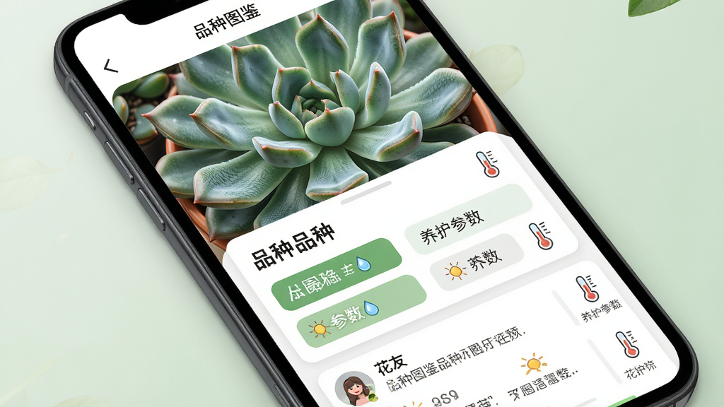 画面主体是手机屏幕展示园艺圈品种图鉴详情页,布局为顶部大图植物特写、中部名称与养护参数条目、底部花友评论列表;排版层次分明;风格为写实植物插画与清爽卡片结合,细节包含多肉叶片纹理、光照水滴图标、温度计图标;画质细腻干净,无多余元素,图片中打文字“品种图鉴”