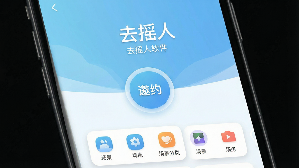 一张手机应用界面展示图,画面中央是去摇人软件首页,主体为浅蓝色渐变背景,布局采用上下结构,上方为软件名称